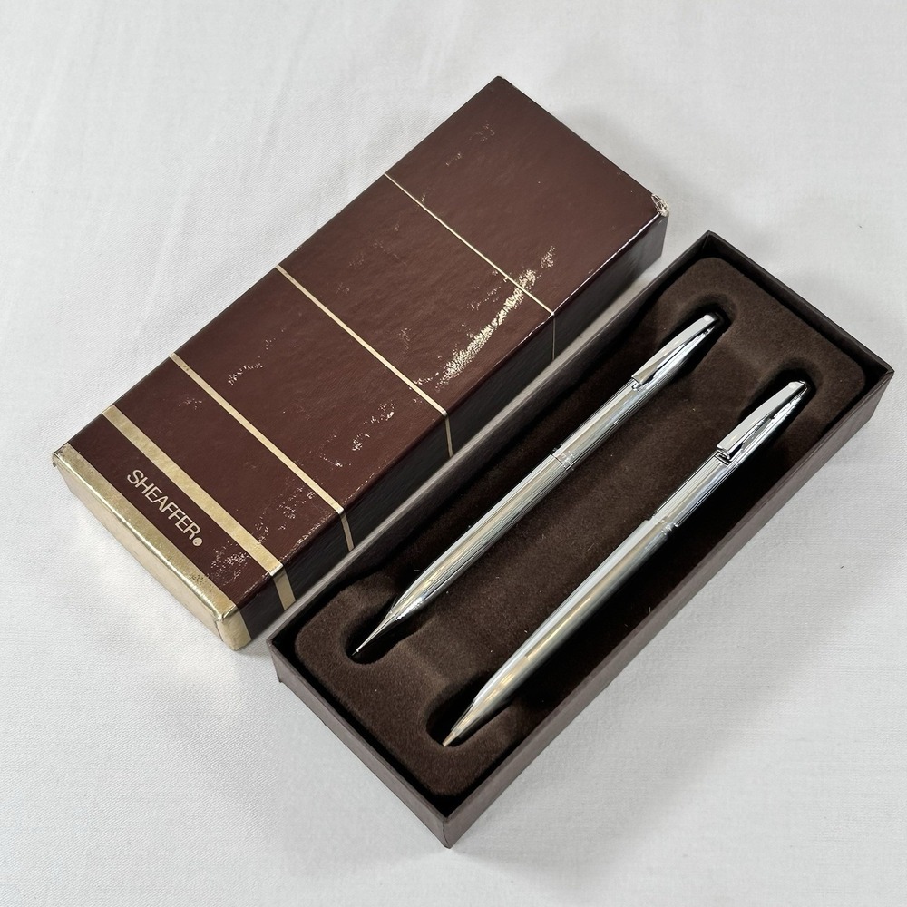 Vtg Sheaffer 1972 White Dot Silver Ballpoint Pen Mechanical Pencil Set Works 70s